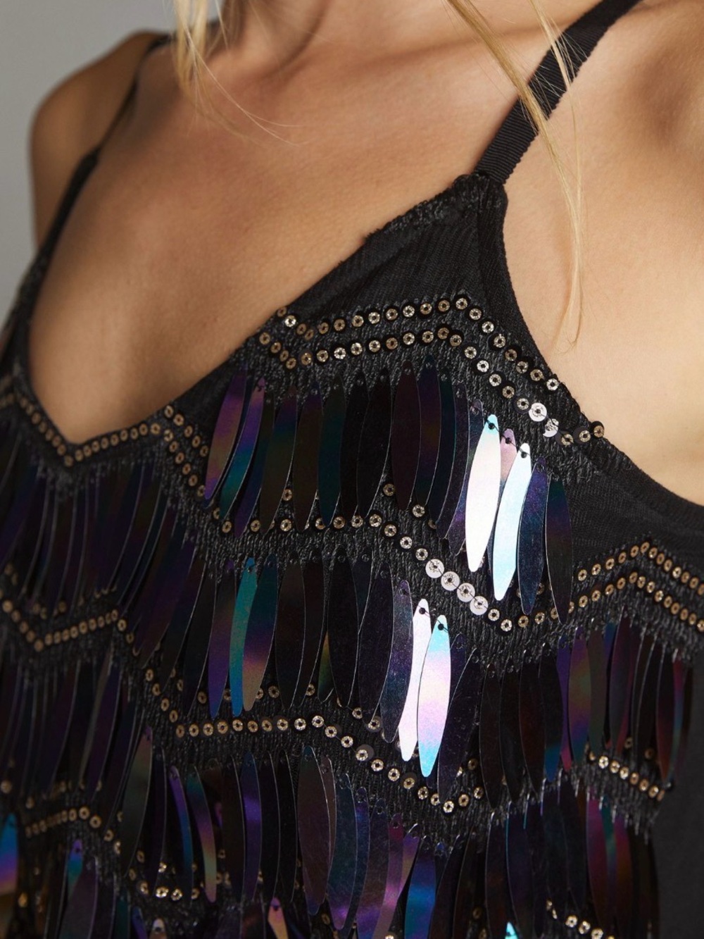 Anthropologie Black Tank Top with Iridescent Sequins